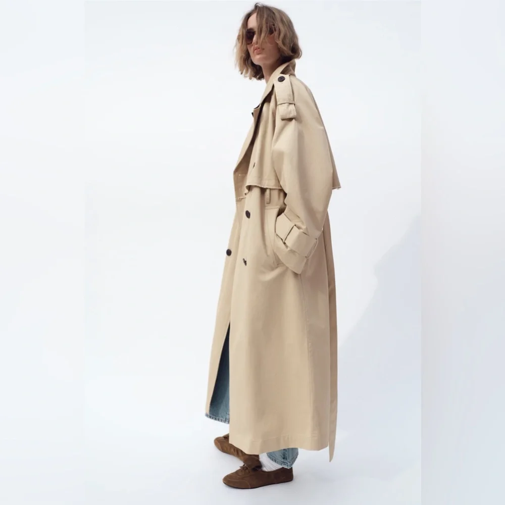 Zara coat jacket overcoat trench duster long beige tan casual
